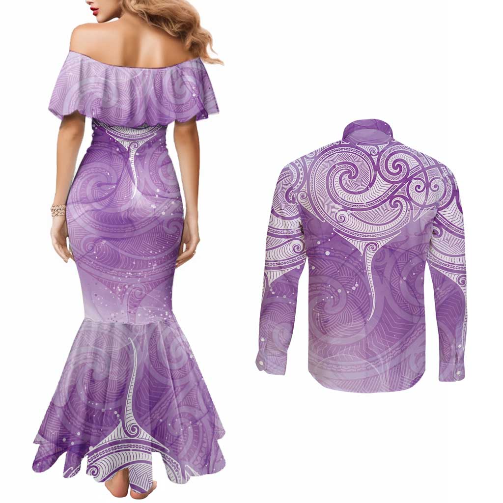 Epilepsy Awareness Maori Aotearoa Couples Matching Mermaid Dress and Long Sleeve Button Shirt Manta Ray - Purple Glaze - Aussie Hoodie