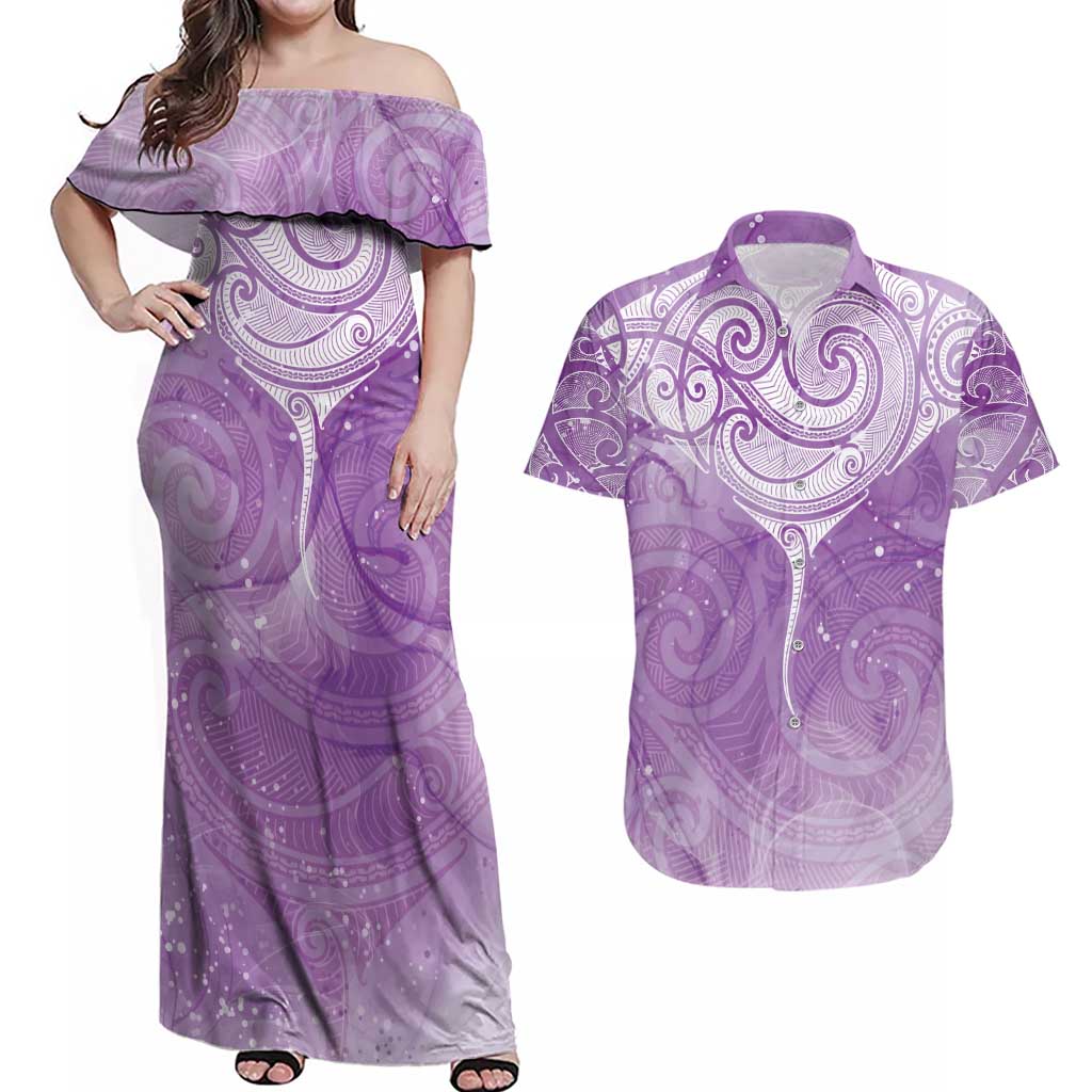 Epilepsy Awareness Maori Aotearoa Couples Matching Off Shoulder Maxi Dress and Hawaiian Shirt Manta Ray - Purple Glaze - Aussie Hoodie