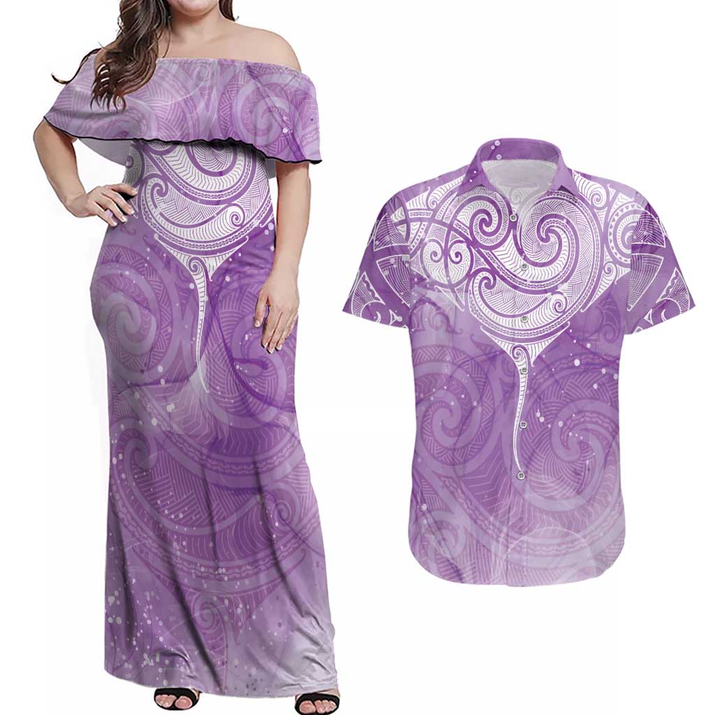 Epilepsy Awareness Maori Aotearoa Couples Matching Off Shoulder Maxi Dress and Hawaiian Shirt Manta Ray - Purple Glaze - Aussie Hoodie