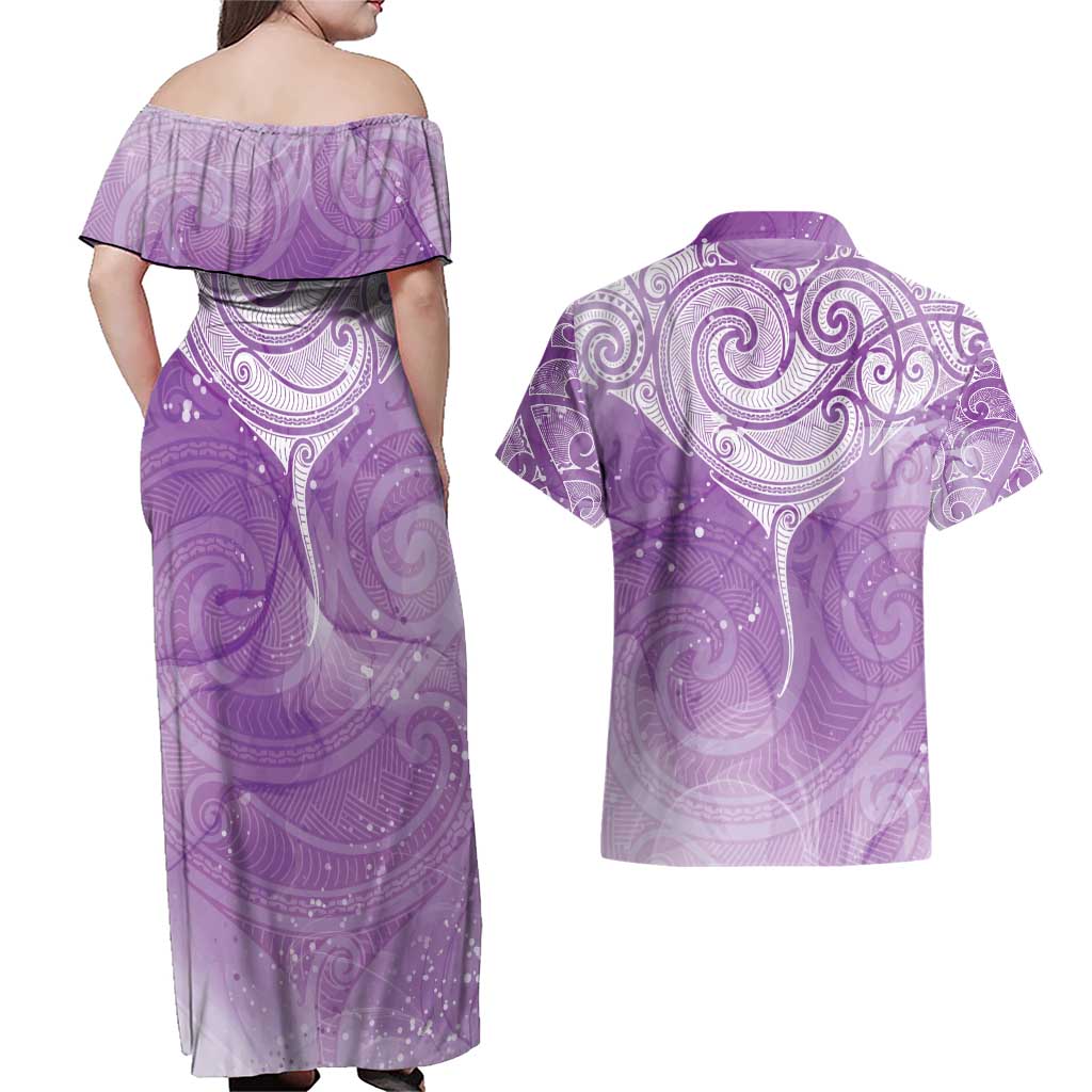 Epilepsy Awareness Maori Aotearoa Couples Matching Off Shoulder Maxi Dress and Hawaiian Shirt Manta Ray - Purple Glaze - Aussie Hoodie