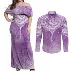 Epilepsy Awareness Maori Aotearoa Couples Matching Off Shoulder Maxi Dress and Long Sleeve Button Shirt Manta Ray - Purple Glaze - Aussie Hoodie