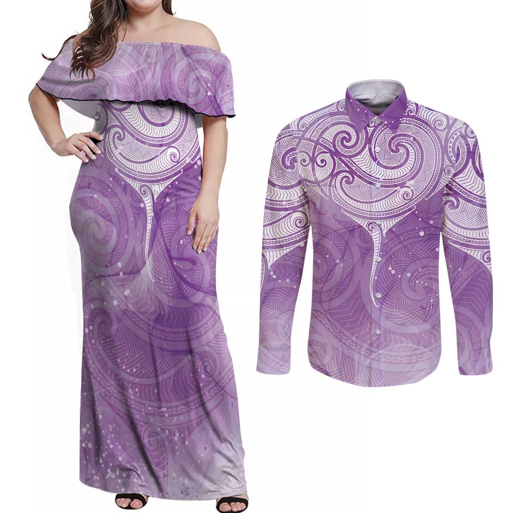 Epilepsy Awareness Maori Aotearoa Couples Matching Off Shoulder Maxi Dress and Long Sleeve Button Shirt Manta Ray - Purple Glaze - Aussie Hoodie