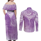 Epilepsy Awareness Maori Aotearoa Couples Matching Off Shoulder Maxi Dress and Long Sleeve Button Shirt Manta Ray - Purple Glaze - Aussie Hoodie