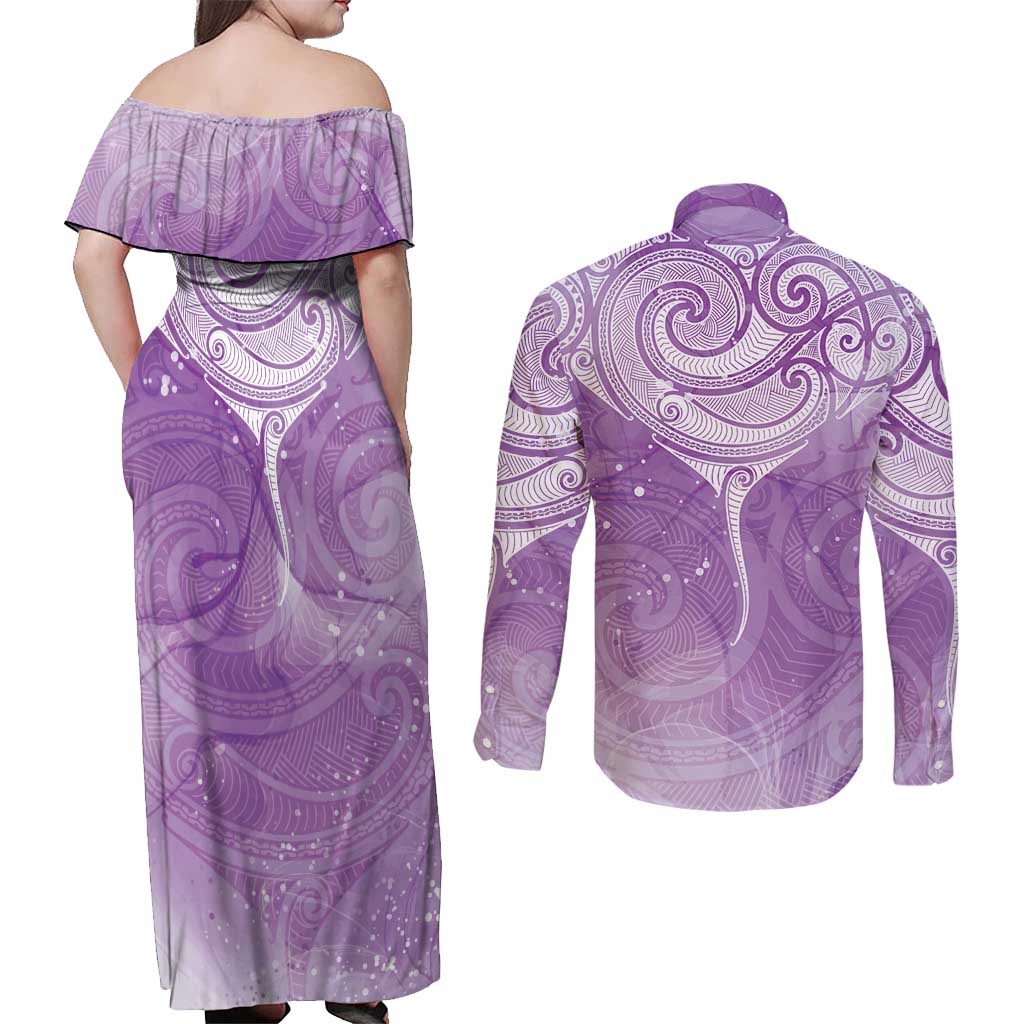 Epilepsy Awareness Maori Aotearoa Couples Matching Off Shoulder Maxi Dress and Long Sleeve Button Shirt Manta Ray - Purple Glaze - Aussie Hoodie