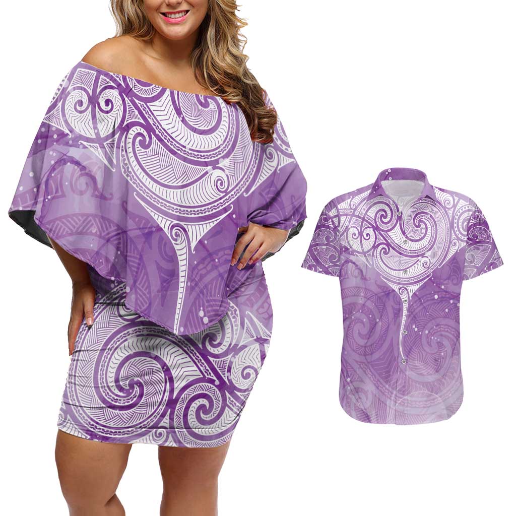 Epilepsy Awareness Maori Aotearoa Couples Matching Off Shoulder Short Dress and Hawaiian Shirt Manta Ray - Purple Glaze - Aussie Hoodie