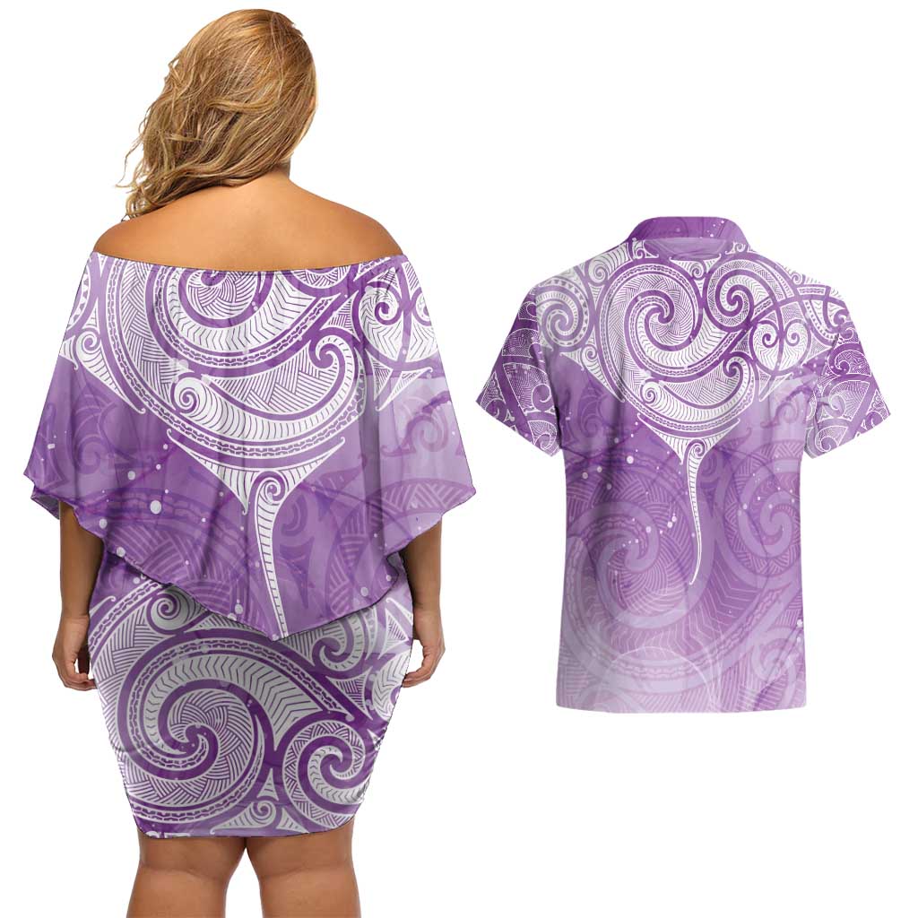 Epilepsy Awareness Maori Aotearoa Couples Matching Off Shoulder Short Dress and Hawaiian Shirt Manta Ray - Purple Glaze - Aussie Hoodie
