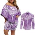 Epilepsy Awareness Maori Aotearoa Couples Matching Off Shoulder Short Dress and Long Sleeve Button Shirt Manta Ray - Purple Glaze - Aussie Hoodie