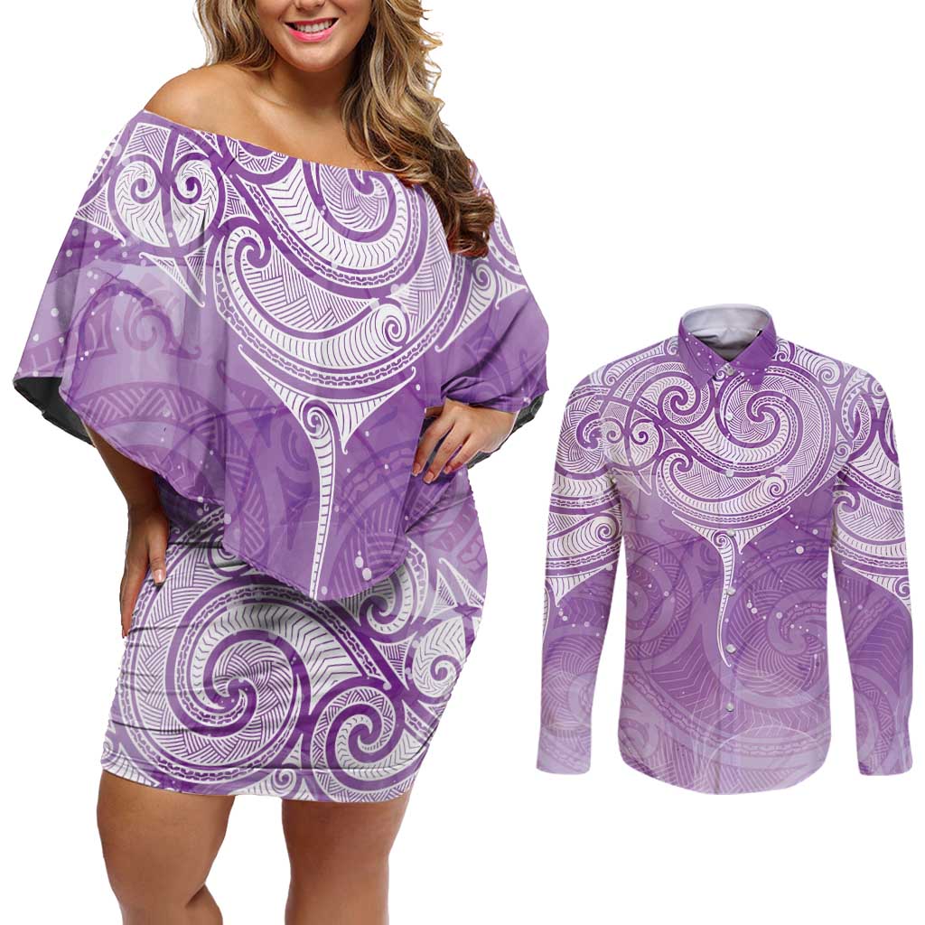 Epilepsy Awareness Maori Aotearoa Couples Matching Off Shoulder Short Dress and Long Sleeve Button Shirt Manta Ray - Purple Glaze - Aussie Hoodie