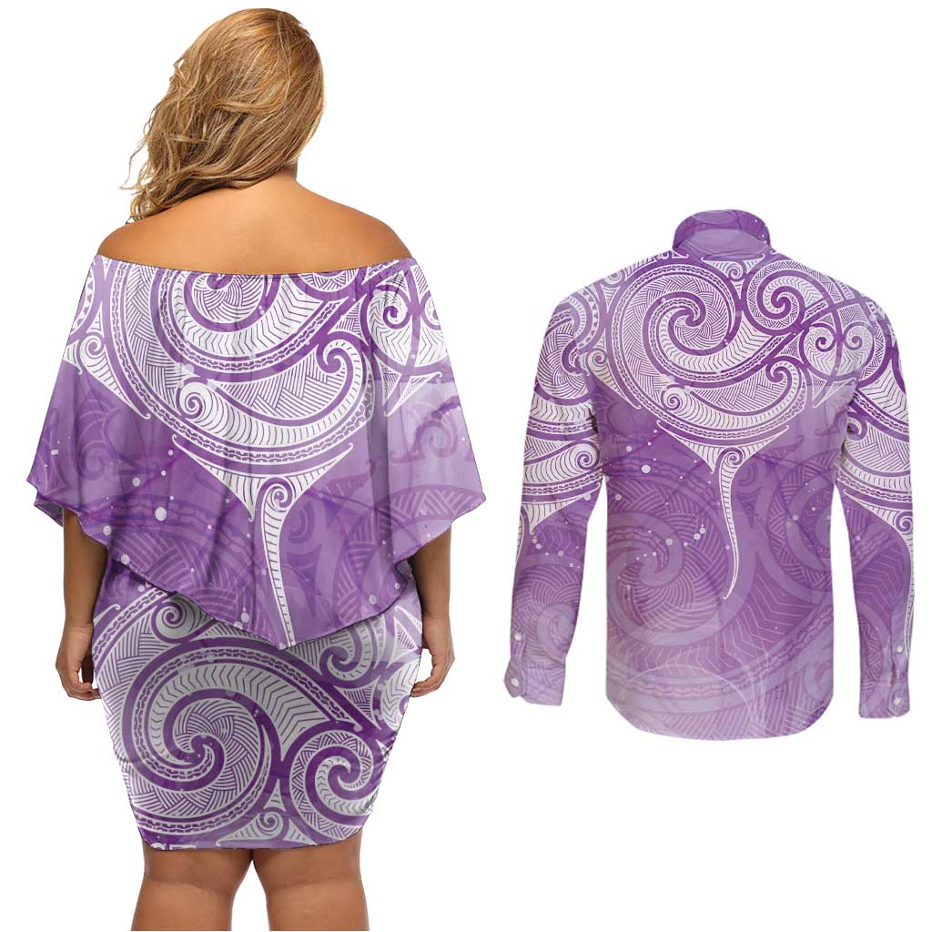 Epilepsy Awareness Maori Aotearoa Couples Matching Off Shoulder Short Dress and Long Sleeve Button Shirt Manta Ray - Purple Glaze - Aussie Hoodie