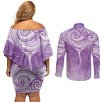 Epilepsy Awareness Maori Aotearoa Couples Matching Off Shoulder Short Dress and Long Sleeve Button Shirt Manta Ray - Purple Glaze - Aussie Hoodie