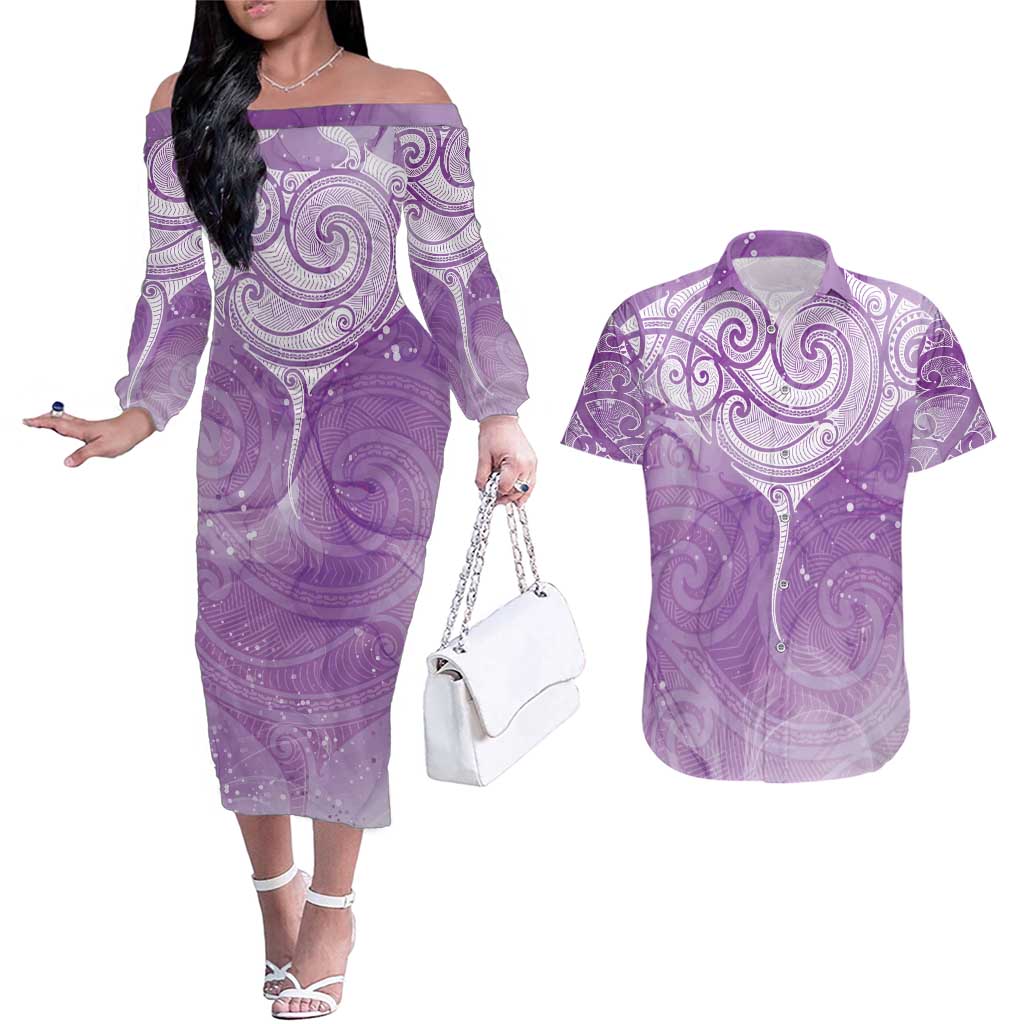 Epilepsy Awareness Maori Aotearoa Couples Matching Off The Shoulder Long Sleeve Dress and Hawaiian Shirt Manta Ray - Purple Glaze - Aussie Hoodie