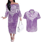 Epilepsy Awareness Maori Aotearoa Couples Matching Off The Shoulder Long Sleeve Dress and Hawaiian Shirt Manta Ray - Purple Glaze - Aussie Hoodie