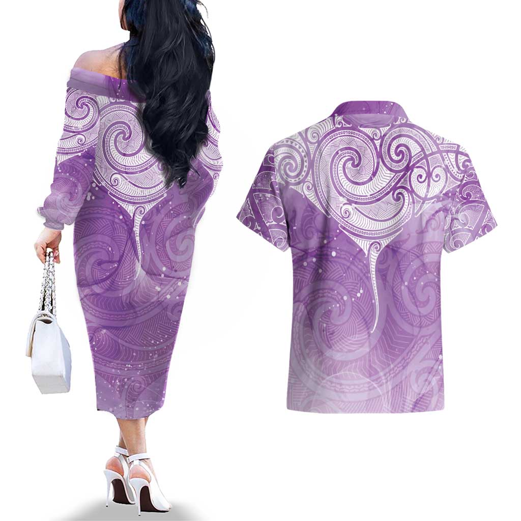 Epilepsy Awareness Maori Aotearoa Couples Matching Off The Shoulder Long Sleeve Dress and Hawaiian Shirt Manta Ray - Purple Glaze - Aussie Hoodie