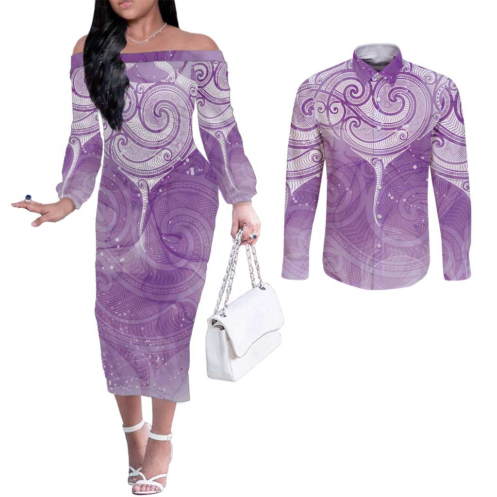 Epilepsy Awareness Maori Aotearoa Couples Matching Off The Shoulder Long Sleeve Dress and Long Sleeve Button Shirt Manta Ray - Purple Glaze - Aussie Hoodie