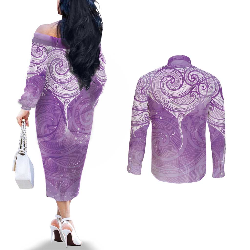 Epilepsy Awareness Maori Aotearoa Couples Matching Off The Shoulder Long Sleeve Dress and Long Sleeve Button Shirt Manta Ray - Purple Glaze - Aussie Hoodie