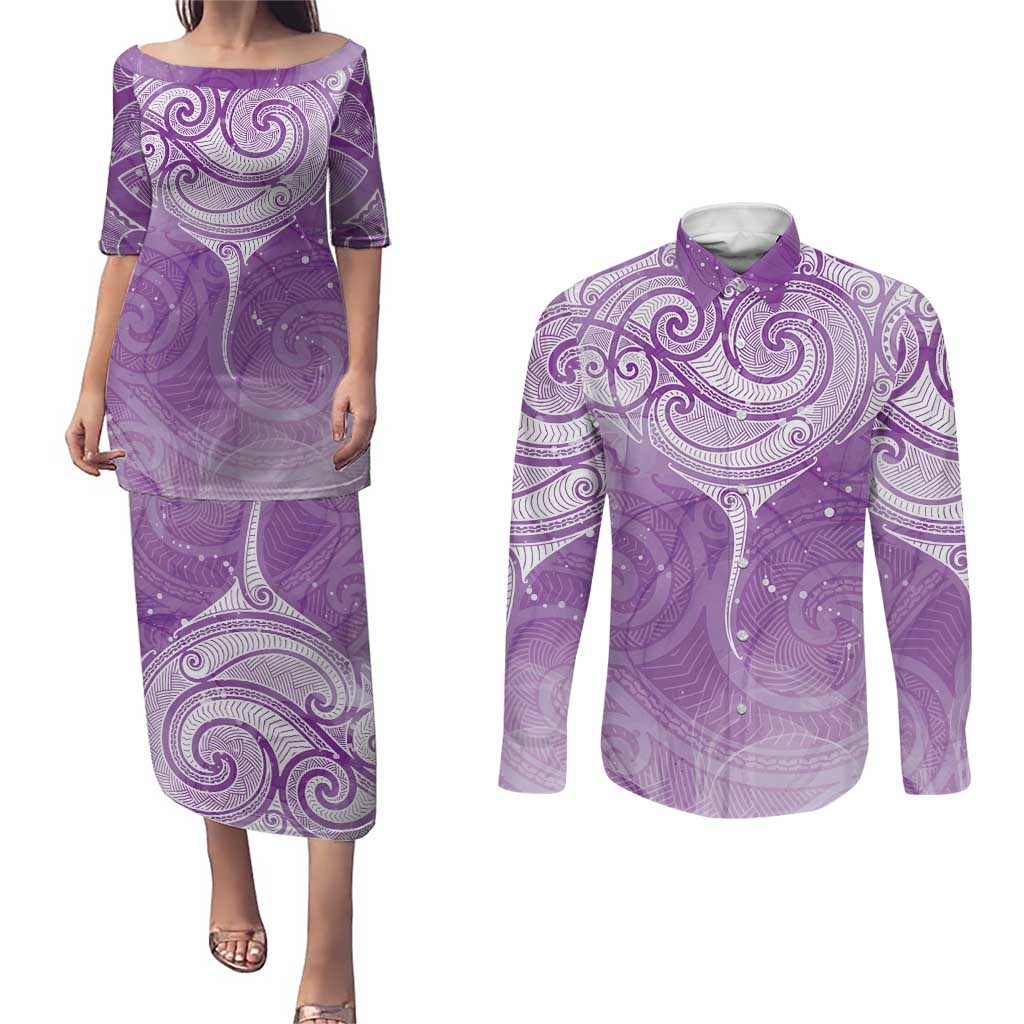 Epilepsy Awareness Maori Aotearoa Couples Matching Puletasi and Long Sleeve Button Shirt Manta Ray - Purple Glaze - Aussie Hoodie