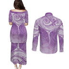 Epilepsy Awareness Maori Aotearoa Couples Matching Puletasi and Long Sleeve Button Shirt Manta Ray - Purple Glaze - Aussie Hoodie