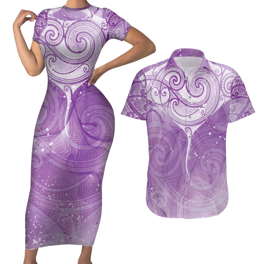 Epilepsy Awareness Maori Aotearoa Couples Matching Short Sleeve Bodycon Dress and Hawaiian Shirt Manta Ray - Purple Glaze - Aussie Hoodie
