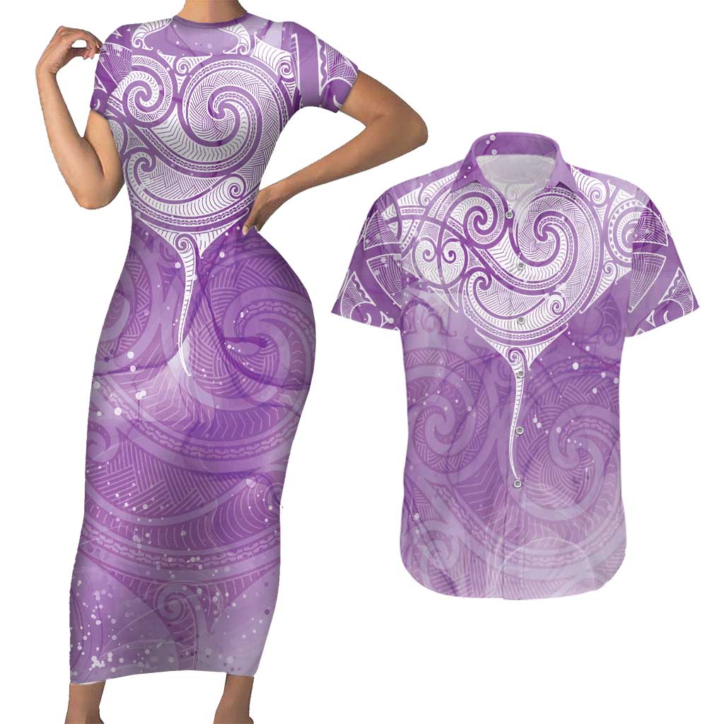 Epilepsy Awareness Maori Aotearoa Couples Matching Short Sleeve Bodycon Dress and Hawaiian Shirt Manta Ray - Purple Glaze - Aussie Hoodie