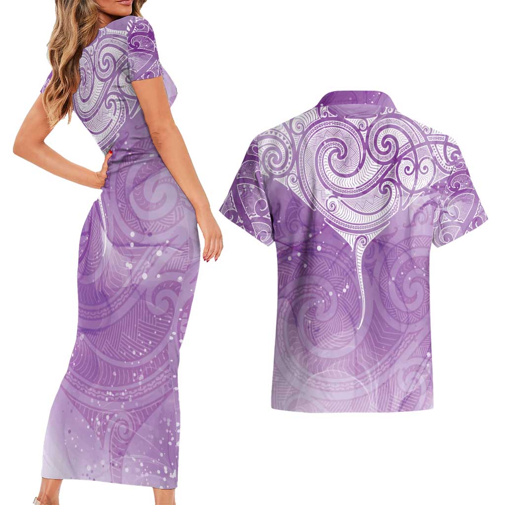 Epilepsy Awareness Maori Aotearoa Couples Matching Short Sleeve Bodycon Dress and Hawaiian Shirt Manta Ray - Purple Glaze - Aussie Hoodie