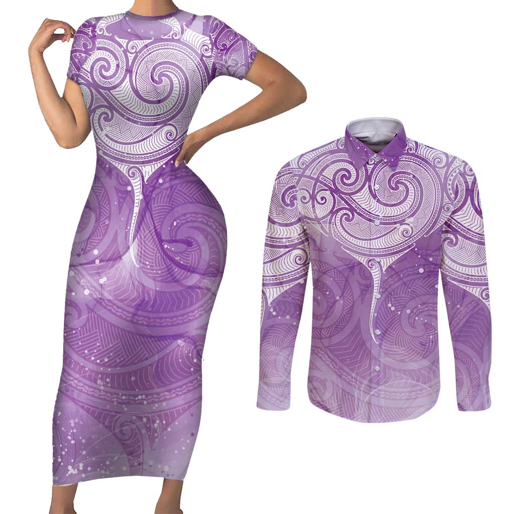 Epilepsy Awareness Maori Aotearoa Couples Matching Short Sleeve Bodycon Dress and Long Sleeve Button Shirt Manta Ray - Purple Glaze - Aussie Hoodie
