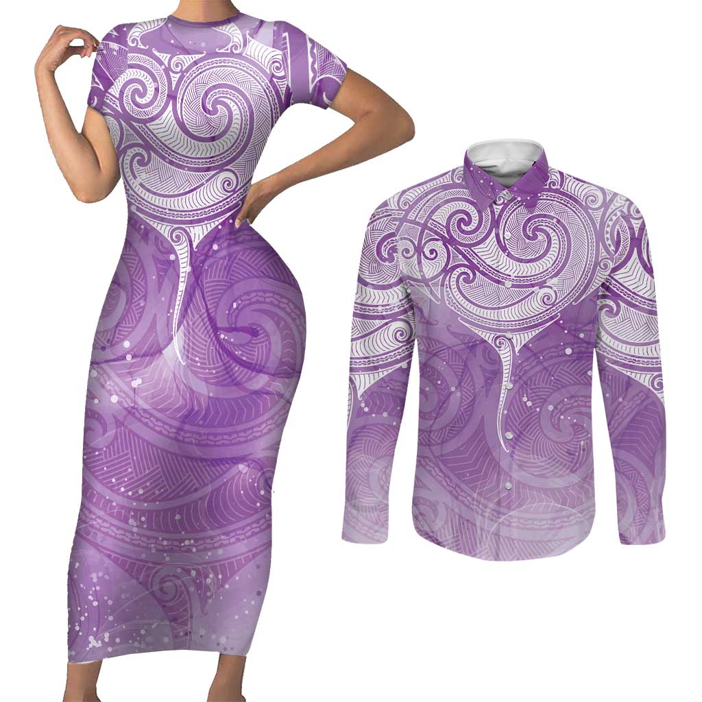 Epilepsy Awareness Maori Aotearoa Couples Matching Short Sleeve Bodycon Dress and Long Sleeve Button Shirt Manta Ray - Purple Glaze - Aussie Hoodie