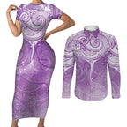 Epilepsy Awareness Maori Aotearoa Couples Matching Short Sleeve Bodycon Dress and Long Sleeve Button Shirt Manta Ray - Purple Glaze - Aussie Hoodie