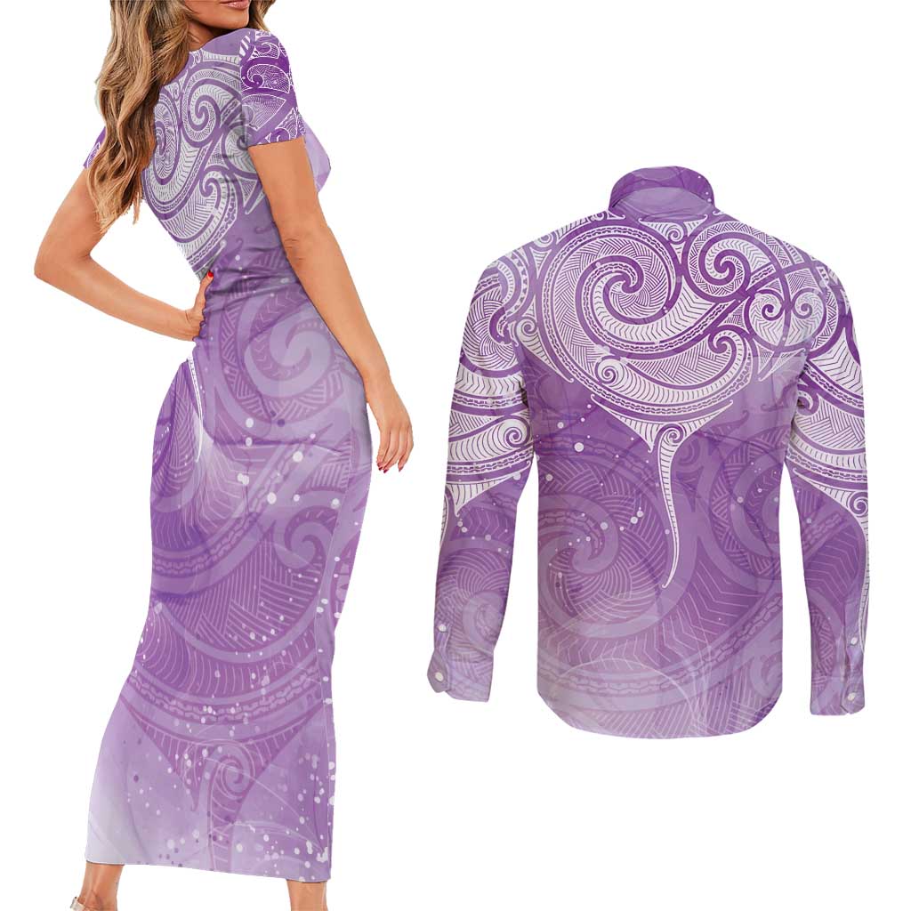 Epilepsy Awareness Maori Aotearoa Couples Matching Short Sleeve Bodycon Dress and Long Sleeve Button Shirt Manta Ray - Purple Glaze - Aussie Hoodie