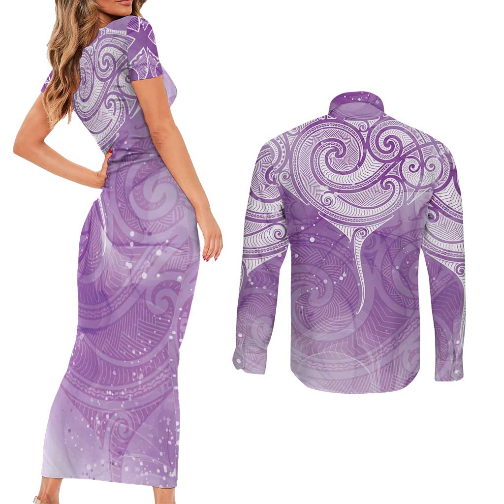 Epilepsy Awareness Maori Aotearoa Couples Matching Short Sleeve Bodycon Dress and Long Sleeve Button Shirt Manta Ray - Purple Glaze - Aussie Hoodie