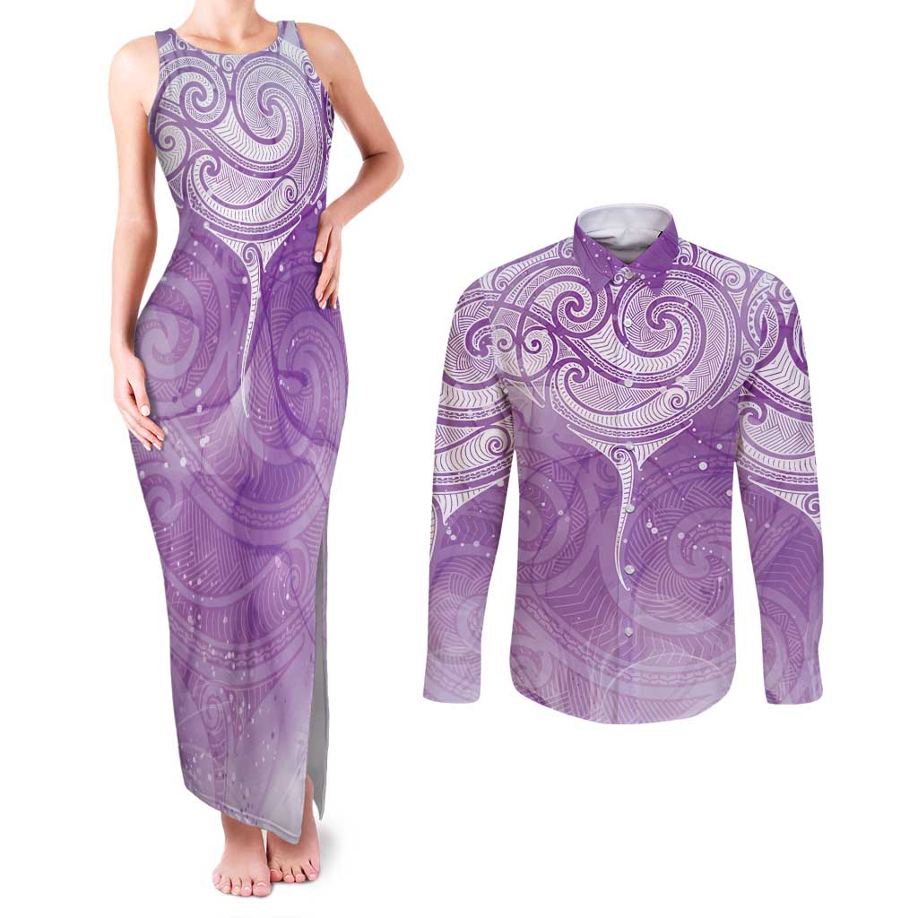 Epilepsy Awareness Maori Aotearoa Couples Matching Tank Maxi Dress and Long Sleeve Button Shirt Manta Ray - Purple Glaze - Aussie Hoodie