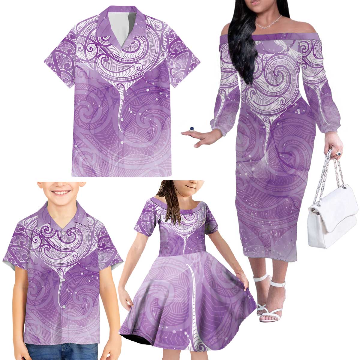 Epilepsy Awareness Maori Aotearoa Family Matching Off The Shoulder Long Sleeve Dress and Hawaiian Shirt Manta Ray - Purple Glaze - Aussie Hoodie