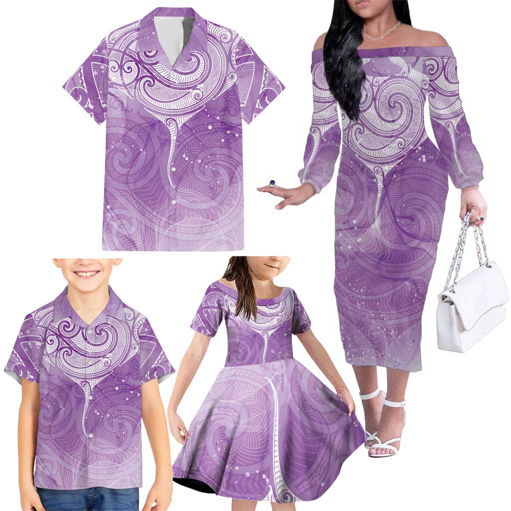 Epilepsy Awareness Maori Aotearoa Family Matching Off The Shoulder Long Sleeve Dress and Hawaiian Shirt Manta Ray - Purple Glaze - Aussie Hoodie