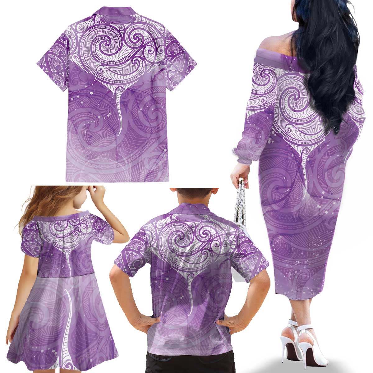 Epilepsy Awareness Maori Aotearoa Family Matching Off The Shoulder Long Sleeve Dress and Hawaiian Shirt Manta Ray - Purple Glaze - Aussie Hoodie