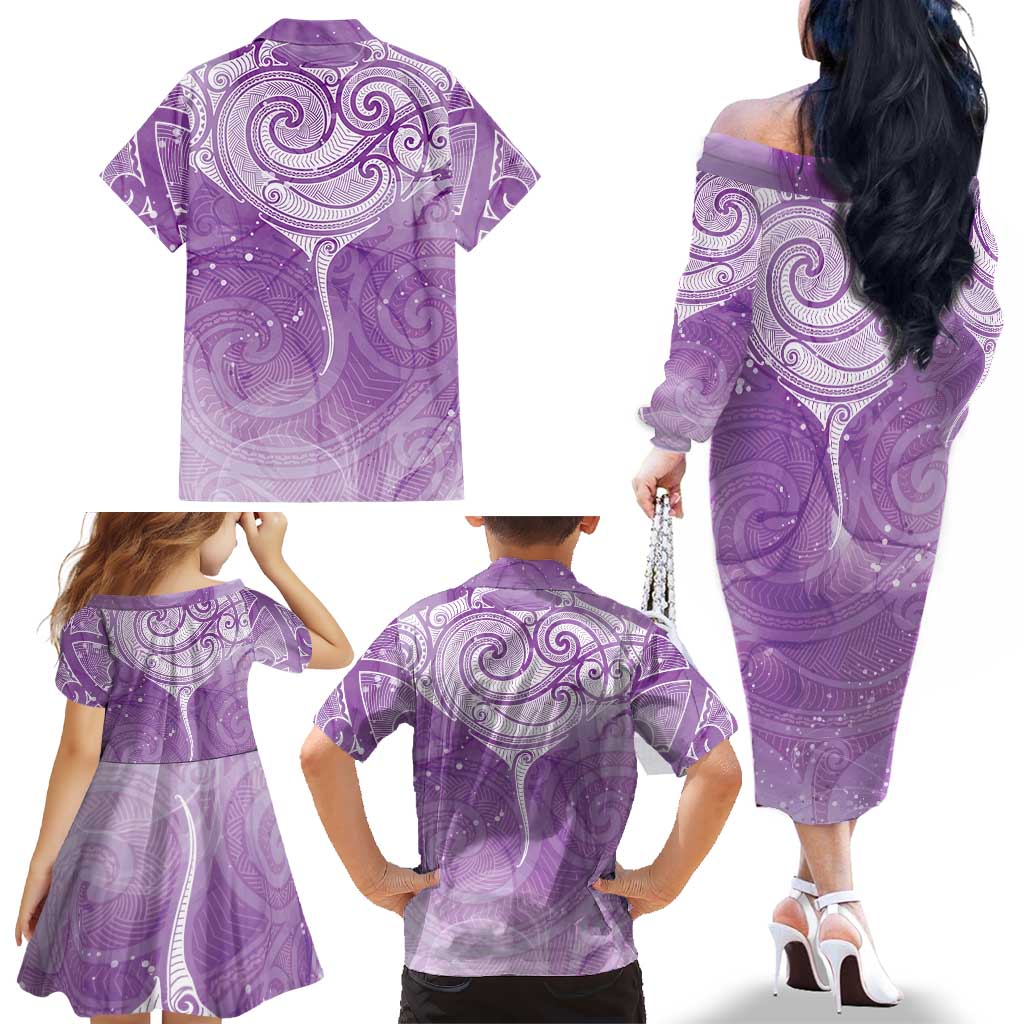 Epilepsy Awareness Maori Aotearoa Family Matching Off The Shoulder Long Sleeve Dress and Hawaiian Shirt Manta Ray - Purple Glaze - Aussie Hoodie
