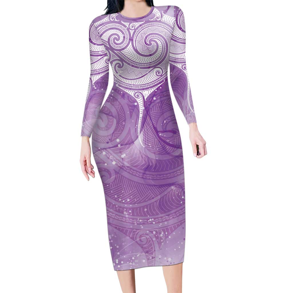 Epilepsy Awareness Maori Aotearoa Long Sleeve Bodycon Dress Manta Ray - Purple Glaze - Aussie Hoodie