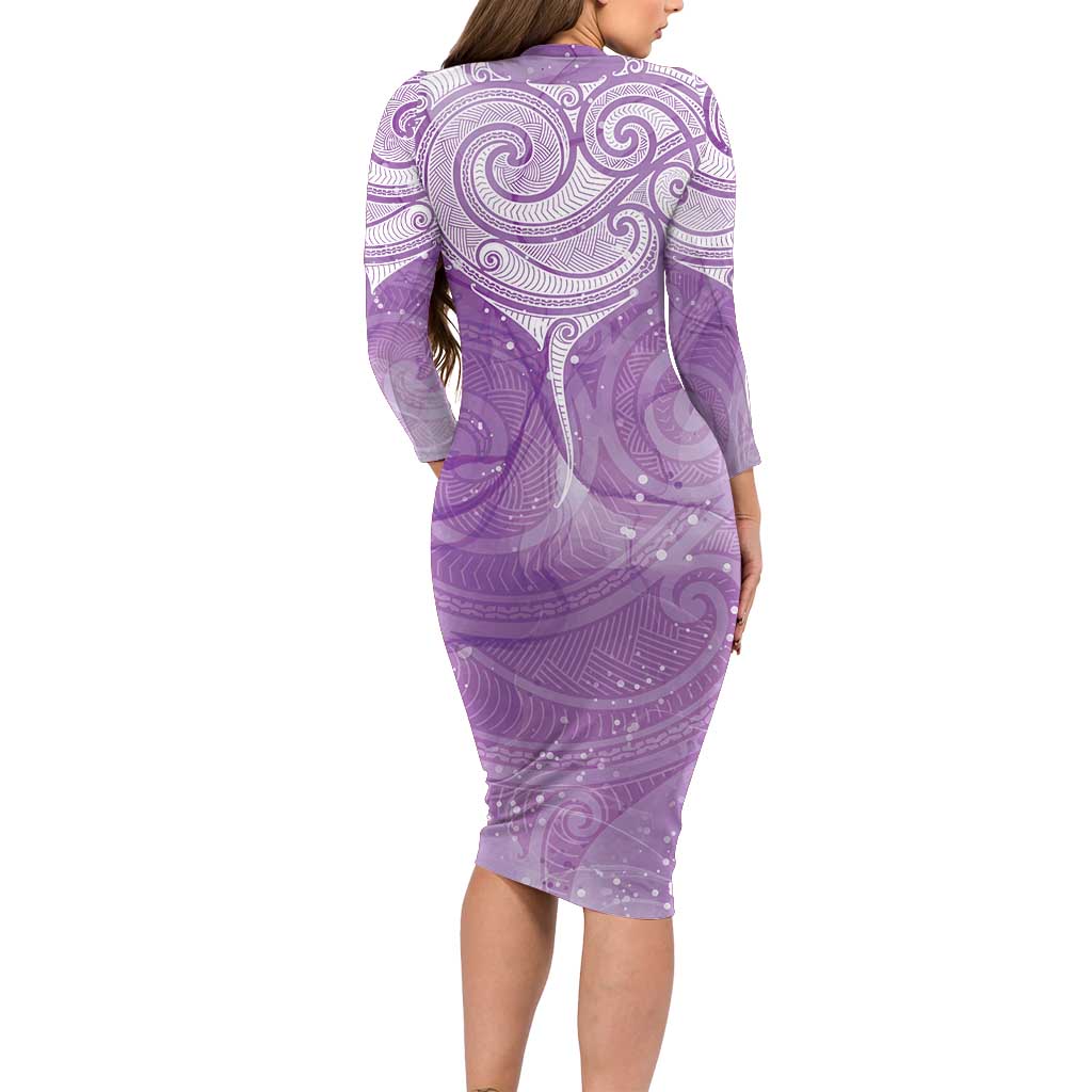 Epilepsy Awareness Maori Aotearoa Long Sleeve Bodycon Dress Manta Ray - Purple Glaze - Aussie Hoodie