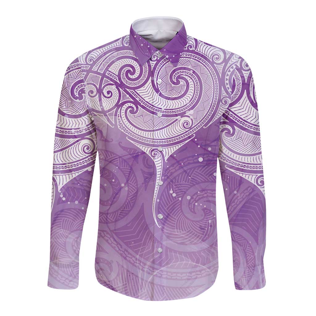 Epilepsy Awareness Maori Aotearoa Long Sleeve Button Shirt Manta Ray - Purple Glaze - Aussie Hoodie
