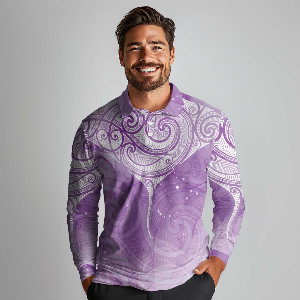 Epilepsy Awareness Maori Aotearoa Long Sleeve Polo Shirt Manta Ray - Purple Glaze - Aussie Hoodie
