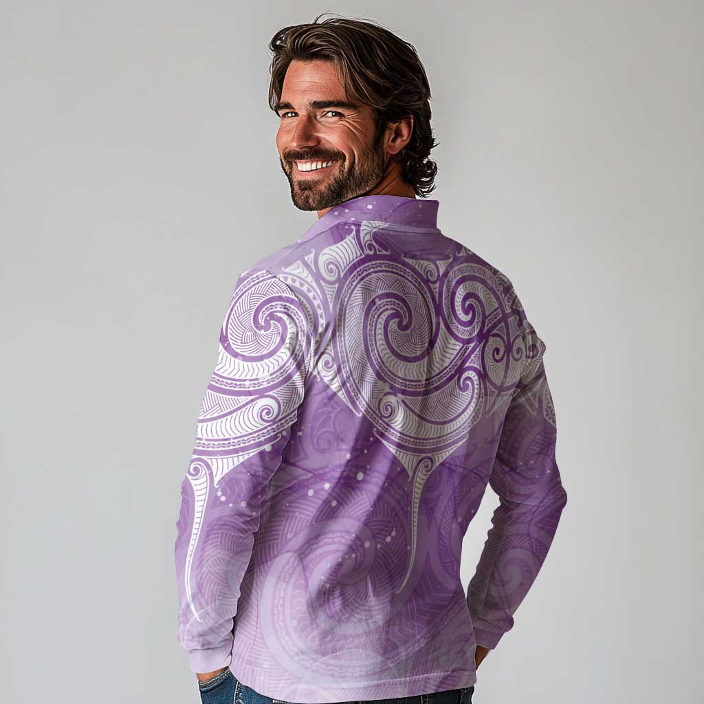 Epilepsy Awareness Maori Aotearoa Long Sleeve Polo Shirt Manta Ray - Purple Glaze - Aussie Hoodie