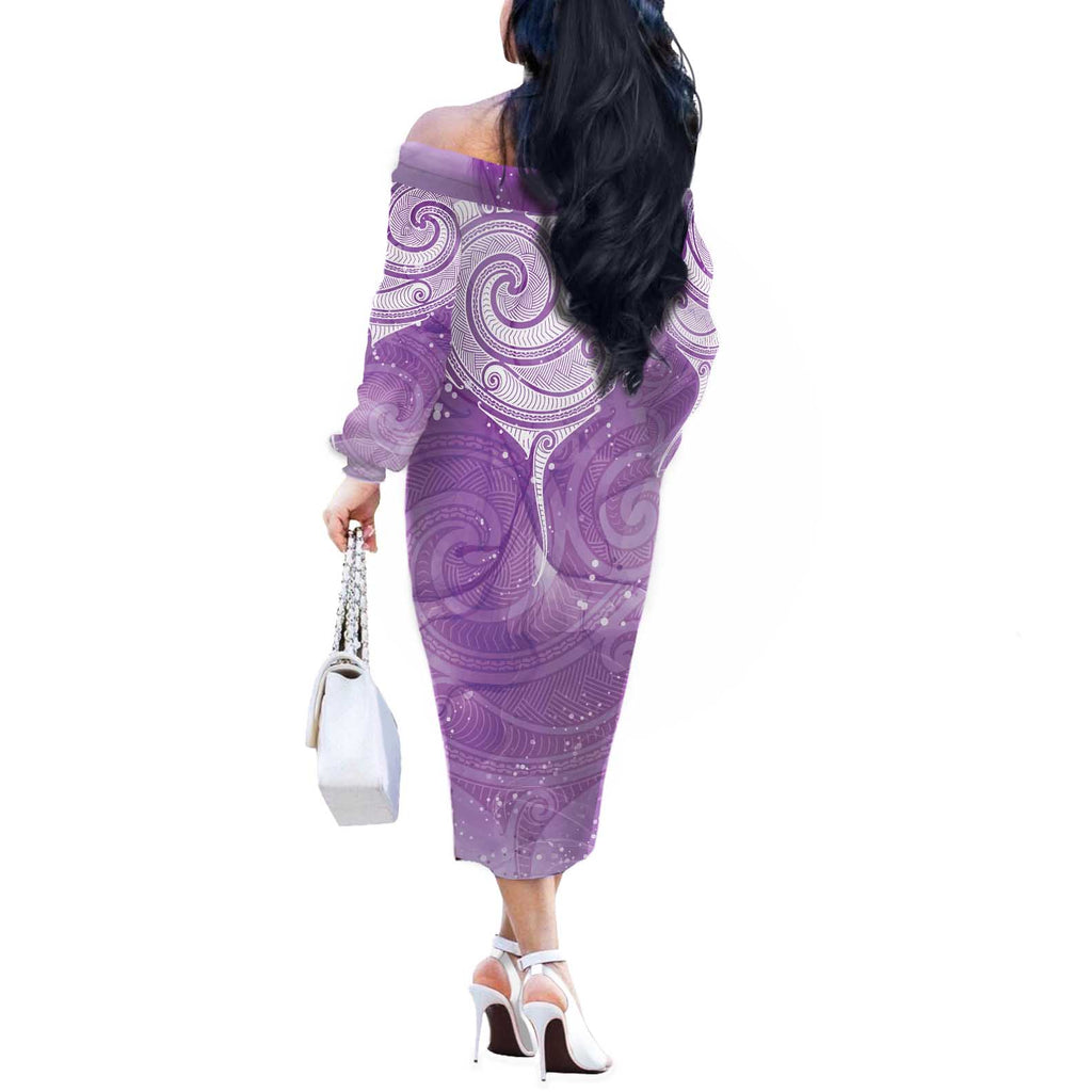 Epilepsy Awareness Maori Aotearoa Off The Shoulder Long Sleeve Dress Manta Ray - Purple Glaze - Aussie Hoodie