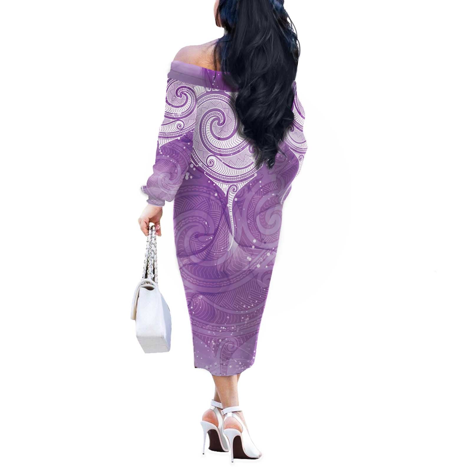 Epilepsy Awareness Maori Aotearoa Off The Shoulder Long Sleeve Dress Manta Ray - Purple Glaze - Aussie Hoodie