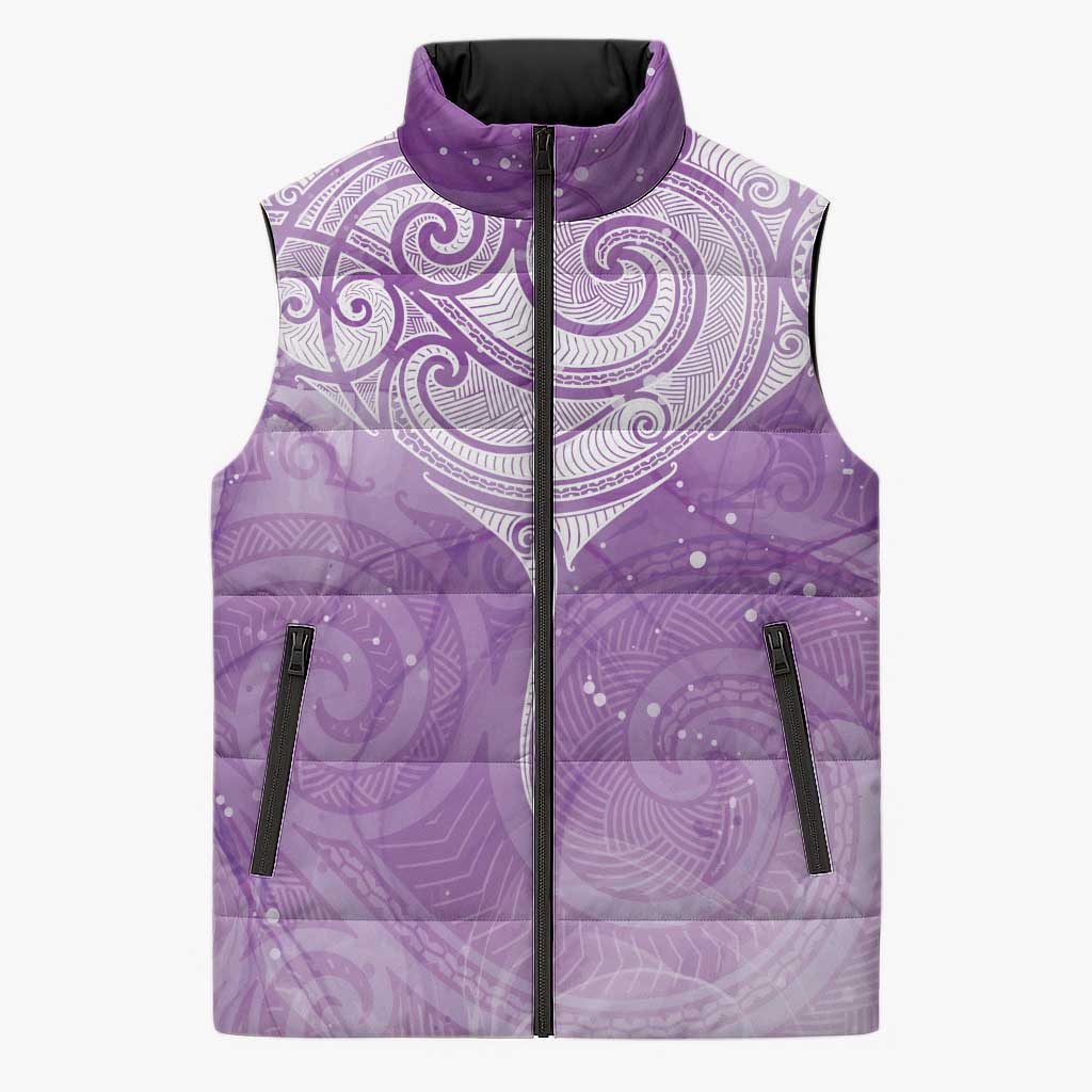 Epilepsy Awareness Maori Aotearoa Sleeveless Puffer Jacket Manta Ray - Purple Glaze - Aussie Hoodie