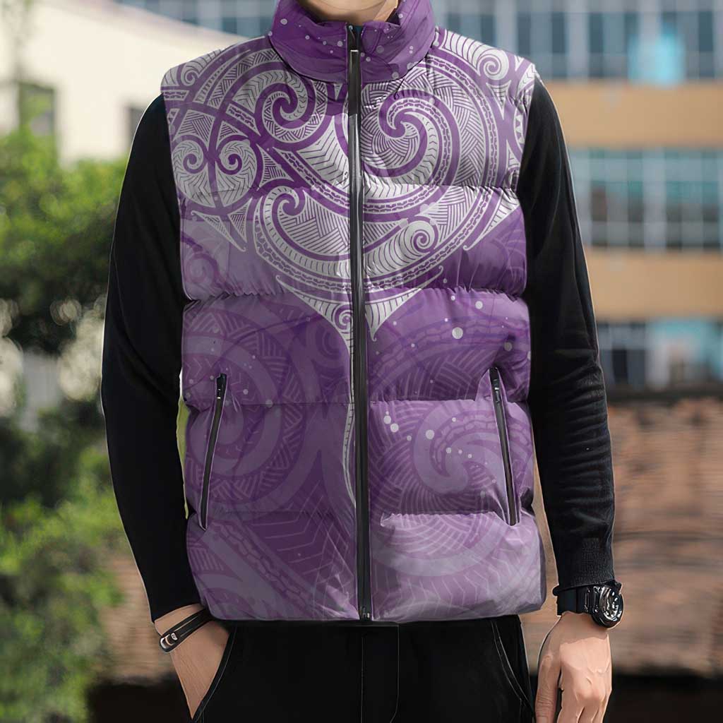 Epilepsy Awareness Maori Aotearoa Sleeveless Puffer Jacket Manta Ray - Purple Glaze - Aussie Hoodie