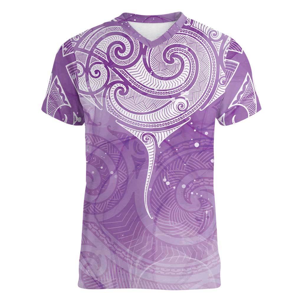 Epilepsy Awareness Maori Aotearoa Women V-Neck T-Shirt Manta Ray - Purple Glaze - Aussie Hoodie