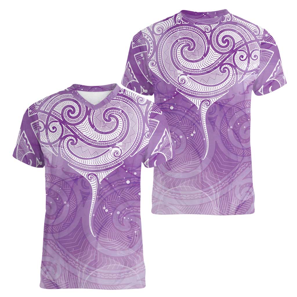 Epilepsy Awareness Maori Aotearoa Women V-Neck T-Shirt Manta Ray - Purple Glaze - Aussie Hoodie