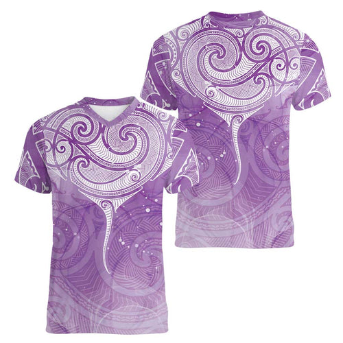 Epilepsy Awareness Maori Aotearoa Women V-Neck T-Shirt Manta Ray - Purple Glaze - Aussie Hoodie