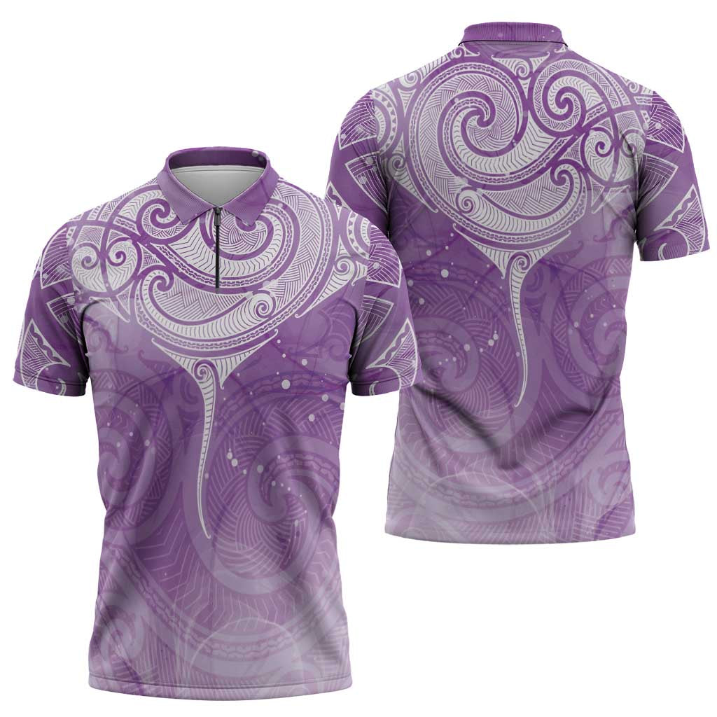 Epilepsy Awareness Maori Aotearoa Zipper Polo Shirt Manta Ray - Purple Glaze - Aussie Hoodie
