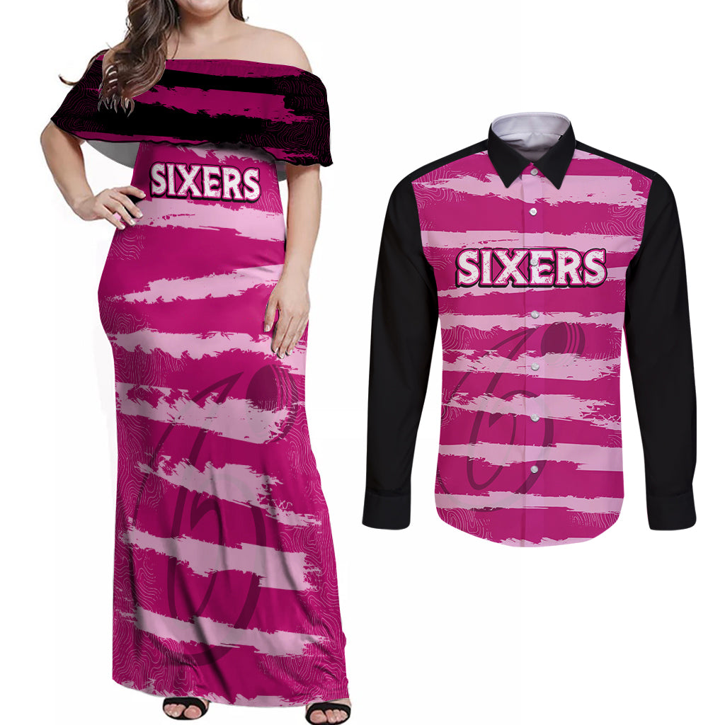 custom-sixers-cricket-2023-couples-matching-off-shoulder-maxi-dress-and-long-sleeve-button-shirt-likeasixer-special-ver