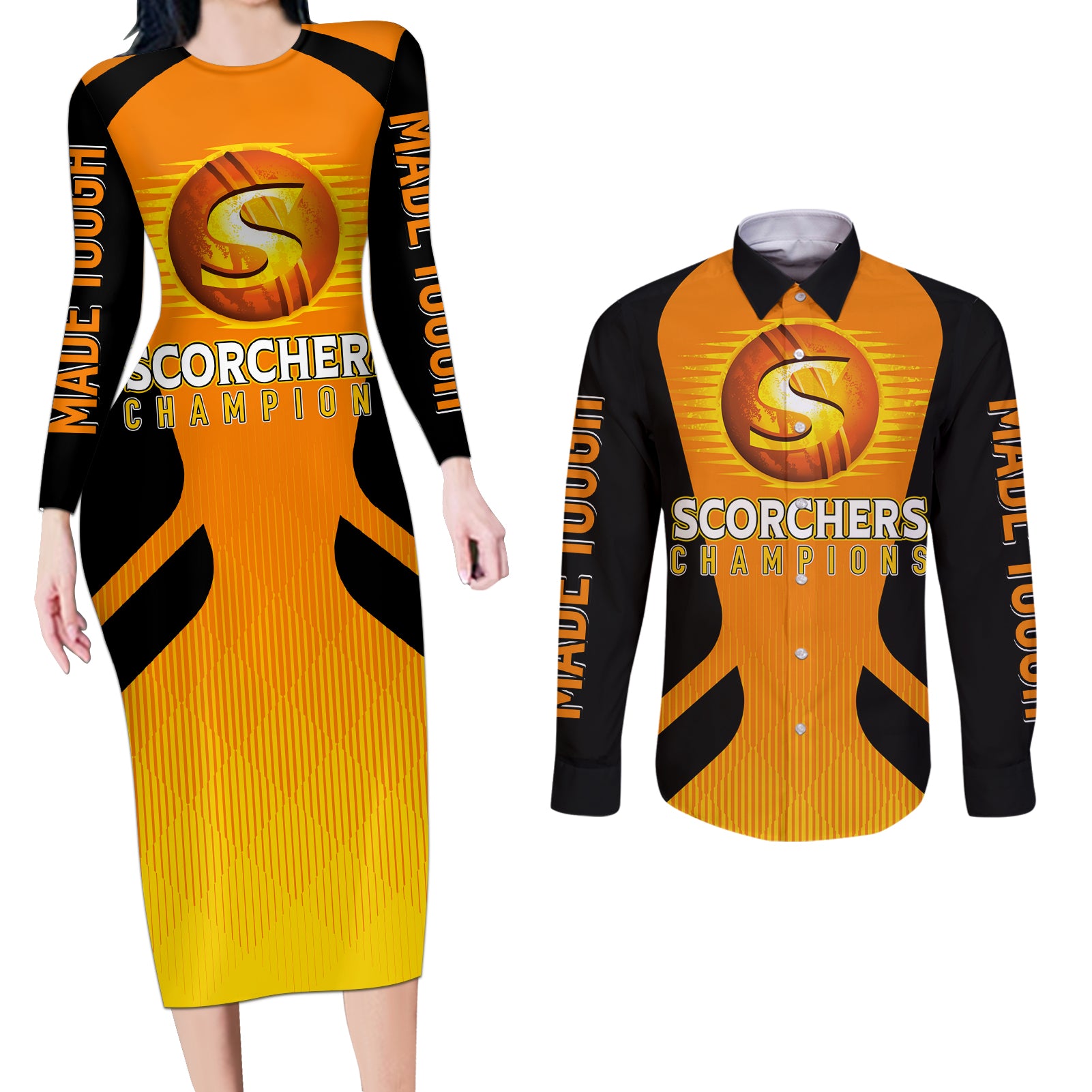 custom-scorchers-cricket-champions-2023-couples-matching-long-sleeve-bodycon-dress-and-long-sleeve-button-shirt-made-tough