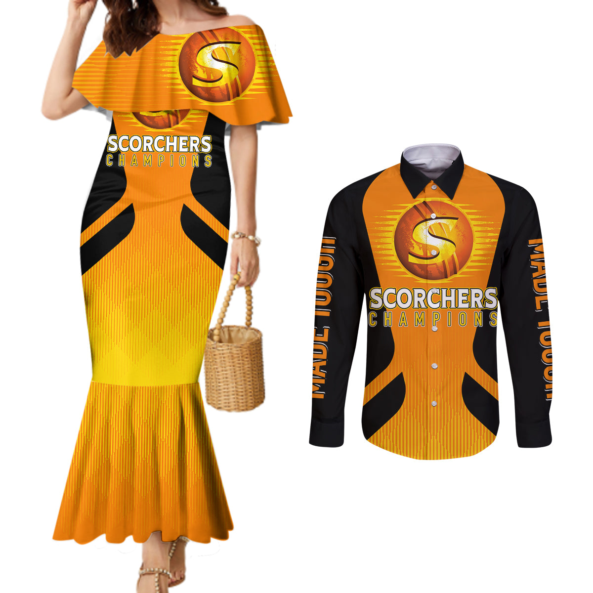 custom-scorchers-cricket-champions-2023-couples-matching-mermaid-dress-and-long-sleeve-button-shirt-made-tough